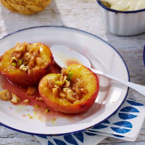 Baked Caramelized Peaches with Salted Nuts