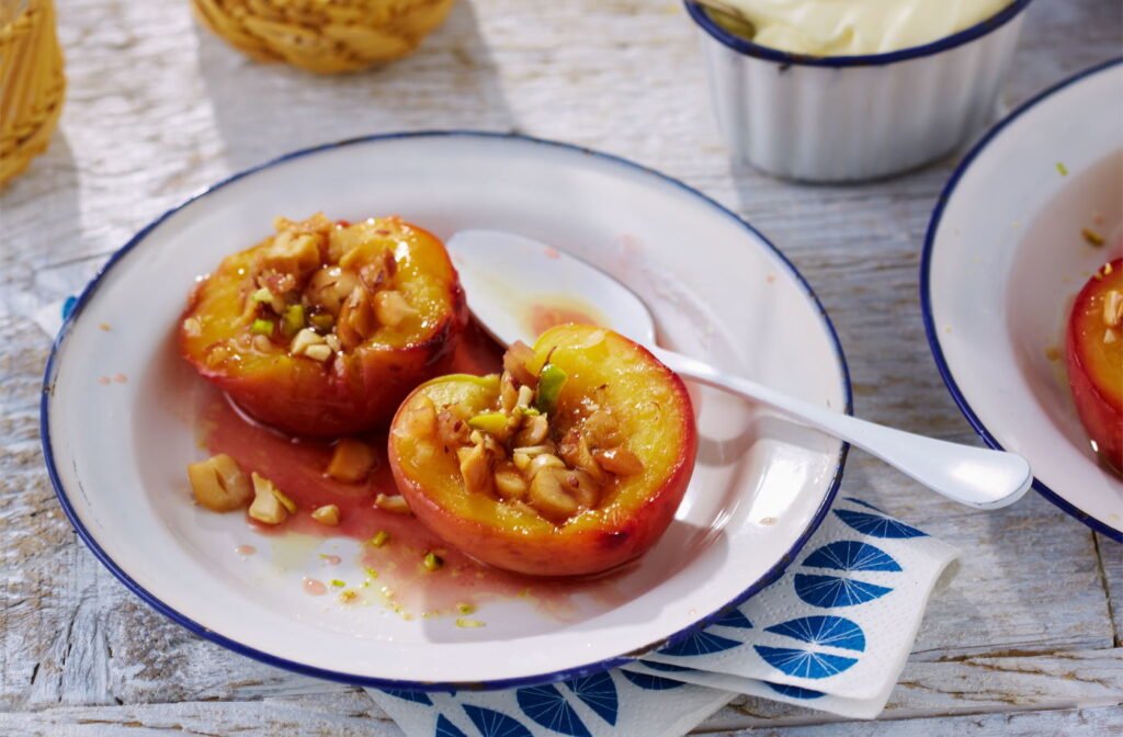 Baked Caramelized Peaches with Salted Nuts