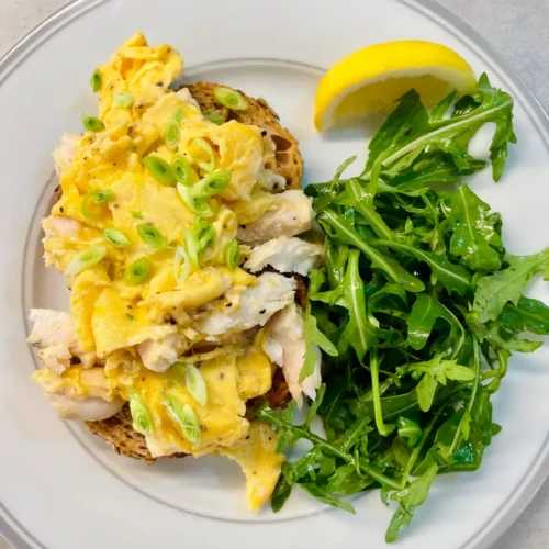 Fish with Scrambled Eggs on toast