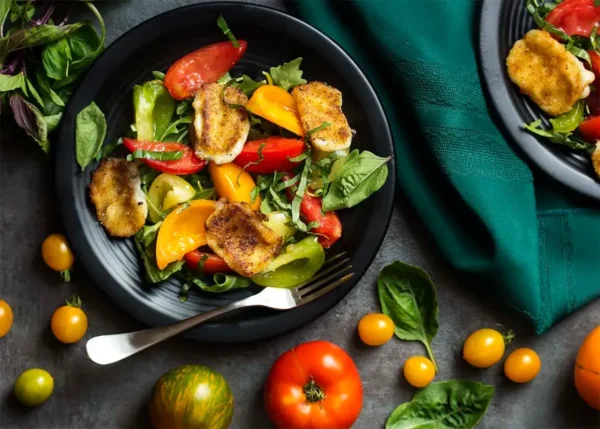 Mozzarella Fritters with Pesto Sauce and Green Salad