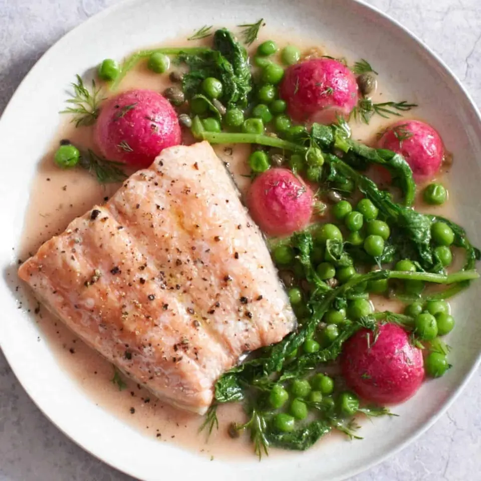 Humble Roasted Salmon with Peas and Radishes